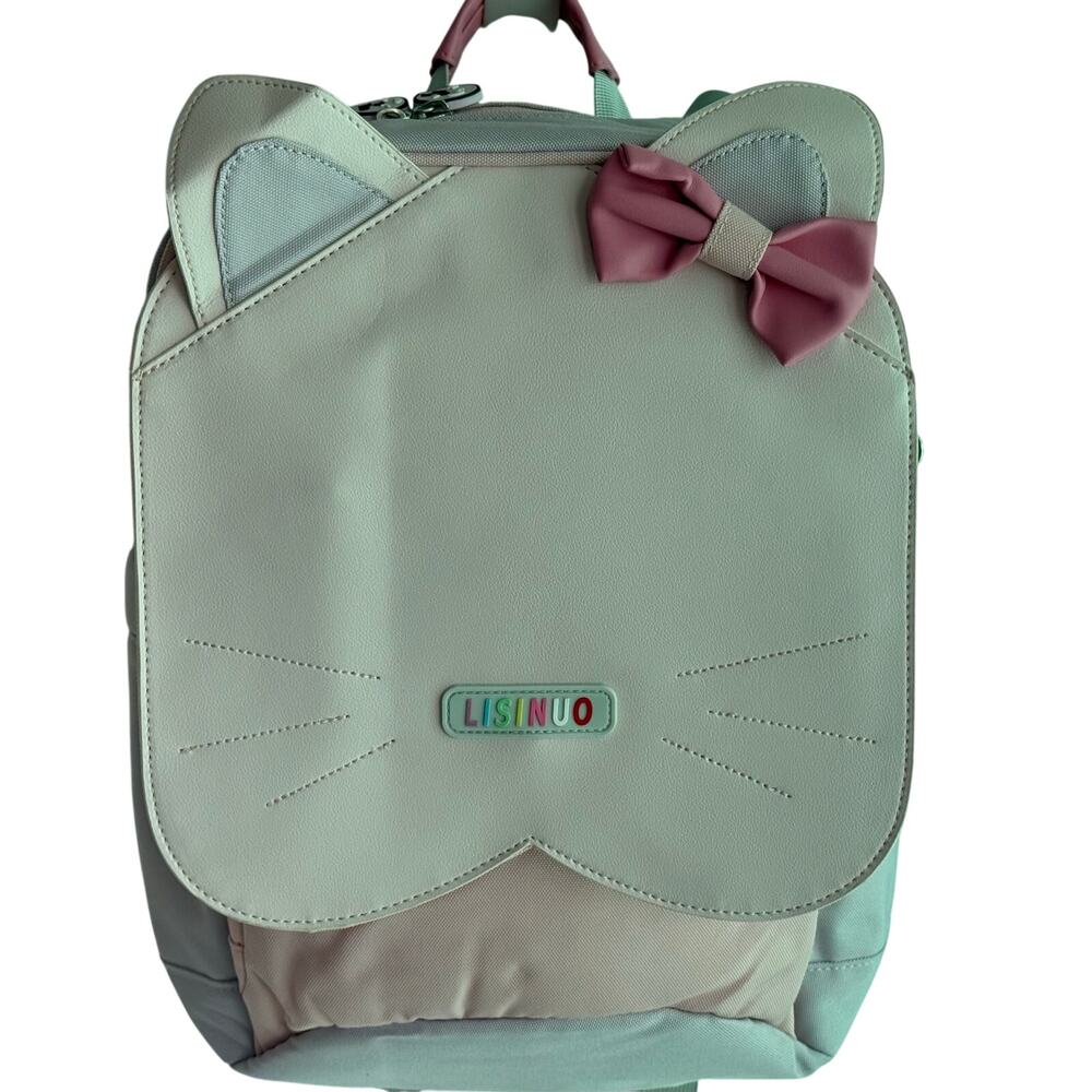 Cat Backpack Pink Mint School Kids Bookbag Bow Design